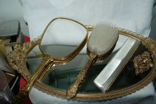 Vintage Vanity Mirror Tray with Hair Brush and Handheld Mirror AND COMB 3