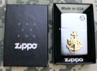 Zippo Brushed Chrome Us Navy Emblem Gold Tone Windproof Lighter 280anc