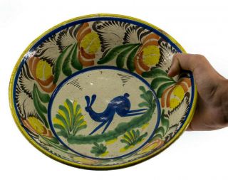 Large Early 20th Century Antique Mexican Talavera Pictorial Rabbit Pottery Bowl