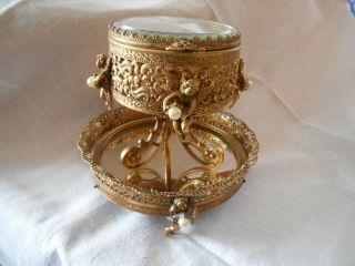 Gold Ormolu Pedestal Jewelry Casket Trinket Box Mirror Underplate Cupid Pearl
