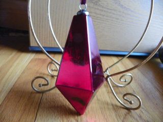 Vintage Kugel Style Ornament 7 Red Glass Diamond Teardrop 6 " Metal Caps Rare