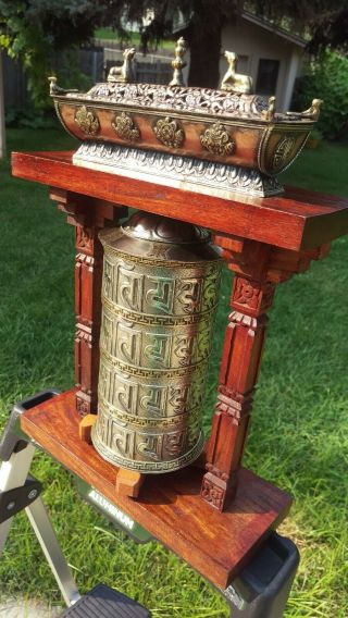 Tibetan Buddhist Handcrafted Spinning Prayer Wheel Ex - Large Table Shrine Incense 3