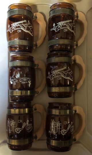 6 Vintage Siesta Ware Cowboy Western Theme Brown Barrel Glass Mugs Wood Handle