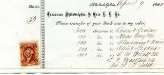 1866 Philadelphia & Erie Rail Road Co Stock Transfer Document Rev Stamp Goddard