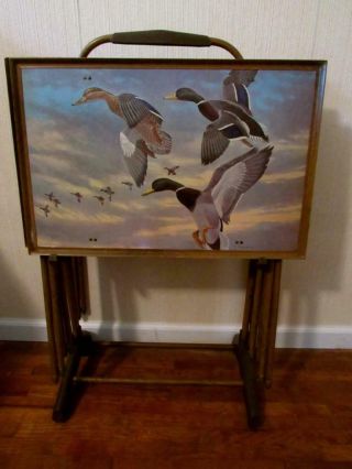 Set Of 4 Vintage Tv Trays In Stand.  Snack Tray / Table.  Ducks.  Macleod