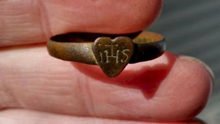 Dug 18th Century Ihs Jesuit Heart Trade Ring - Beauty