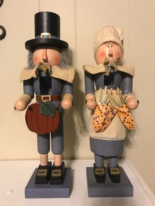 14” Wood Pilgrim Couple Man Woman Fall Thanksgiving Nutcracker Figurines Figures