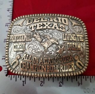 VINTAGE RODEO BUCKLE DEL RIO TEXAS BULL RIDING CHAMPION Hand Engraved 417 2