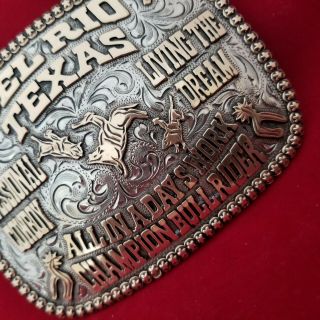 VINTAGE RODEO BUCKLE DEL RIO TEXAS BULL RIDING CHAMPION Hand Engraved 417 5