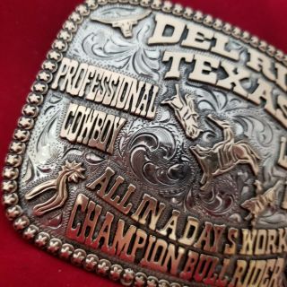 VINTAGE RODEO BUCKLE DEL RIO TEXAS BULL RIDING CHAMPION Hand Engraved 417 7