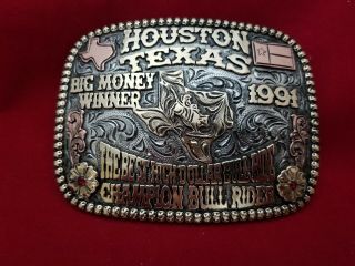 1991 Rodeo Trophy Belt Buckle Houston Texas Bull Riding Champion Vintage 294