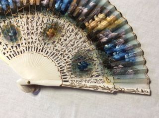 Vintage Exquesite Wooden Carved Lattice Silk Hand Painted 16” Hand Fan 4