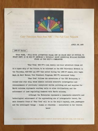 Rare 1966 Nbc Star Trek Press Release