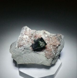 RARE - Dark Green Libethenite & Pink Cobaltoan Calcite crystals,  mine Zambia 3