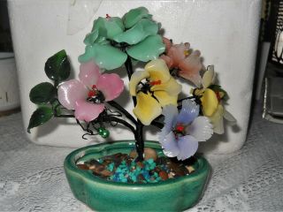 Vintage Jade Glass Bonsai Tree Colorful Flowers Large7 " Tall
