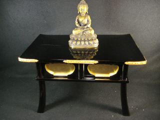 Antique Japanese 90 Year Old Buddhist Altar Stand Offering Table Black Lacquer