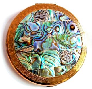 Gorgeous Vintage 1950 ' s KIGU Abalone Shell Inlay Powder Compact.  SEE 3