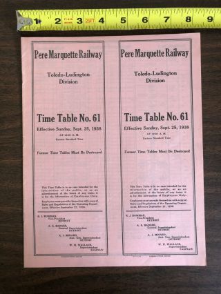 1938 Pere Marquette Railway Toledo - Ludington Division Employees Time Table 61