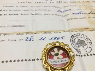 Reliquary Relic 1st class St.  Pius X Pope w/ document 1965 wax seal intact 2
