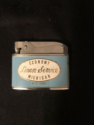 Vintage American Advertising Flat Lighter Economy Linen Service Michigan Japan