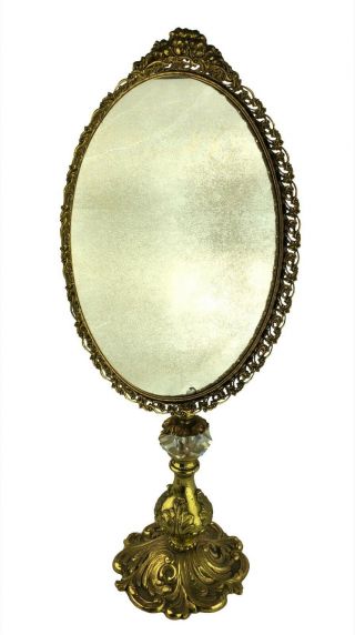 Vintage Hollywood Regency Large Oval Vanity Tray Mirror On Pedestal Stand