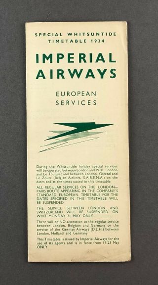 Imperial Airways Special European Whitsuntide 1934 Airline Timetable
