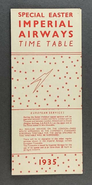 Imperial Airways Special European Easter 1935 Airline Timetable