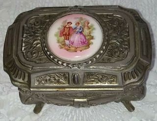 Vintage Pewter Trinket Jewelry Casket Box Made In Italy Victorian Couple Cameo