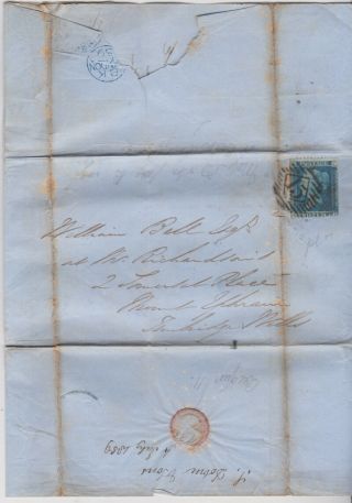1859 Qv London Letter With A 2d Penny Blue Stamp Plate 7 (foxing)