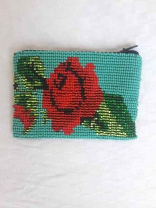 Handmade Beaded Coin Purse,  Huichol Coin Purse,  Rose Patterns,  Collectibles Wallet