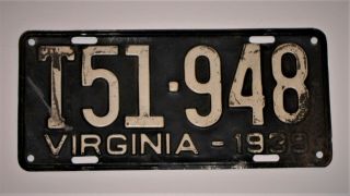 Vintage 1939 Virginia Truck License Plate - Single - Good Cond.  Va - Tags - Old