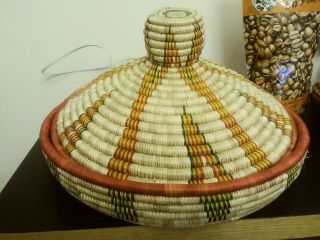 16 " X8.  5 " Ethiopian Table - Top Mesob Basket,  Red,  Tan,  Green & Yellow.  Gorgeous