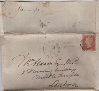 1843 Qv Rotherham Mx Maltese Cross On Letter With A 1d Penny Red Imperf Stamp