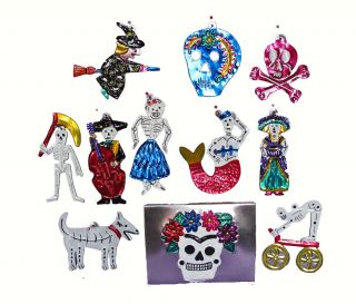 Mexican Tin Skeleton Figures - Set Of 10 Handmade Day Of Dead Ornaments