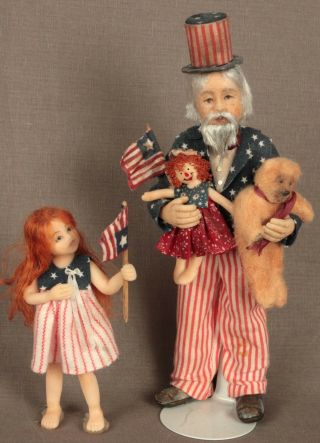 Ooak Polymer Clay Uncle Sam & Patriot Little Girl With Flags,  Raggedy Ann & Bear