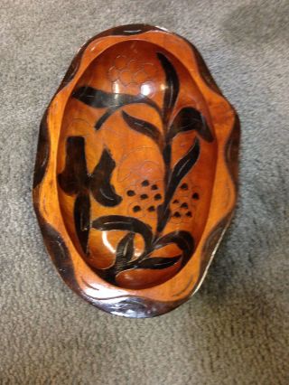 Vintage Wood Bowl Hand Crafted Carved Painted Oval Foliage Signed Ross 12.  5 "