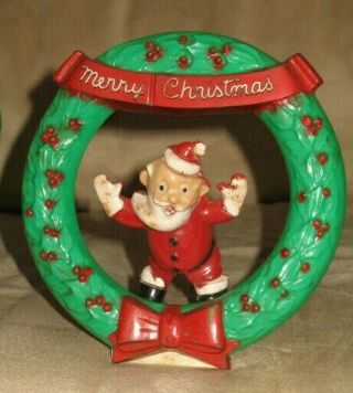 Vtg - Rosbro Plastic Waving Santa Claus W/ Merry Xmas Wreath Candy Container