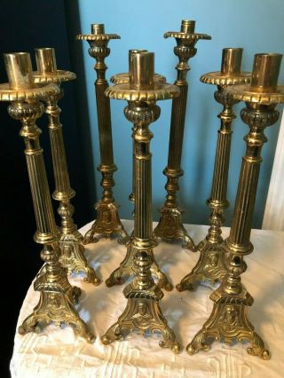 Set Of 8 Antique Catholic Church Altar Candle Sticks W/ Jesus Mary & St.  Joseph