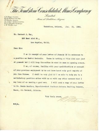 1903 1908 Tombstone Mine Letter & Gold Bond Arizona Territory