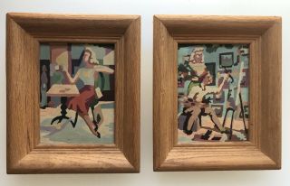X2 6 1/2 " X7 3/4 " Vintage Framed Paint By Numbers Woman Reading / Man Painting