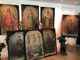 Eastern Orthodox 4 Feet Tall Oil Paintings,  19th Century,  Set Of 7 Russian Icons