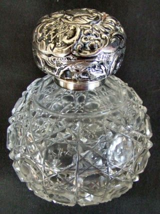 Antique Hobnail Cut Glass & Hallmarked Silver Lid Perfume Bottle - London 1907