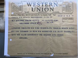 Western Union Telegram To Marlene Dietrich 1934 Sep 29 Hophans