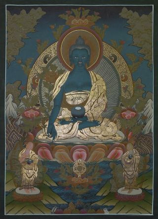 Medicine Buddha Tibetan Thangka Painting 28.  5 " W X 38.  5 " H Hand Paint Nepal