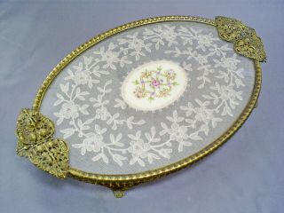 Lovely Vintage Lace Petit Point/ormulu Brass Embroidery Oval Dressing Table Tray