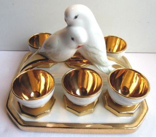 Rare French Majolica Egg - Set 6 Egg Cups Gold On A Tray With 2 Parakeets,  Limoges
