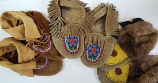 3 Pairs Handmade North American Native Beaded Leather Moccasins Booties