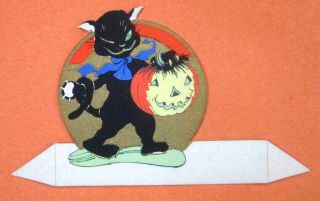 1930s Halloween Place Card Rust Craft Winking Cat Grinning Jack O 