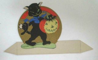 1930s Halloween Place Card Rust Craft Winking Cat Grinning Jack O ' Lantern 2