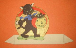 1930s Halloween Place Card Rust Craft Winking Cat Grinning Jack O ' Lantern 4